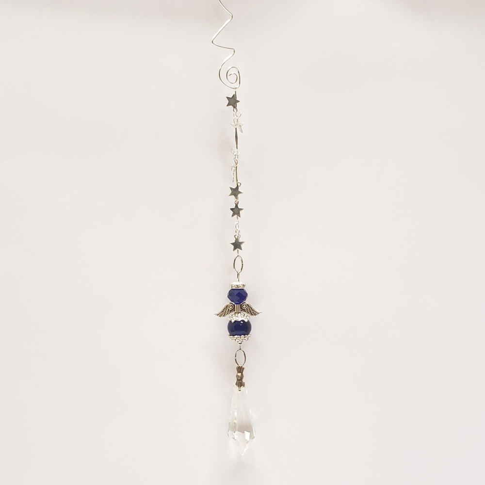 Handmade Cobalt Blue Guardian Angel & Vintage Prisim Crystal Ornament Suncatcher - Picture 2 of 7
